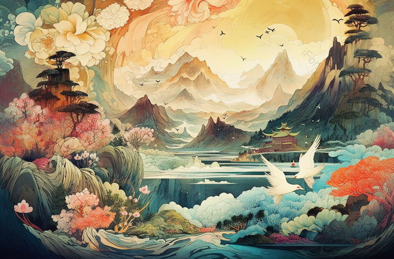 青绿山水高山阁楼飞鹤风景画,插画/手绘图,插画/手绘图库,插画/手绘图下载,插画/手绘